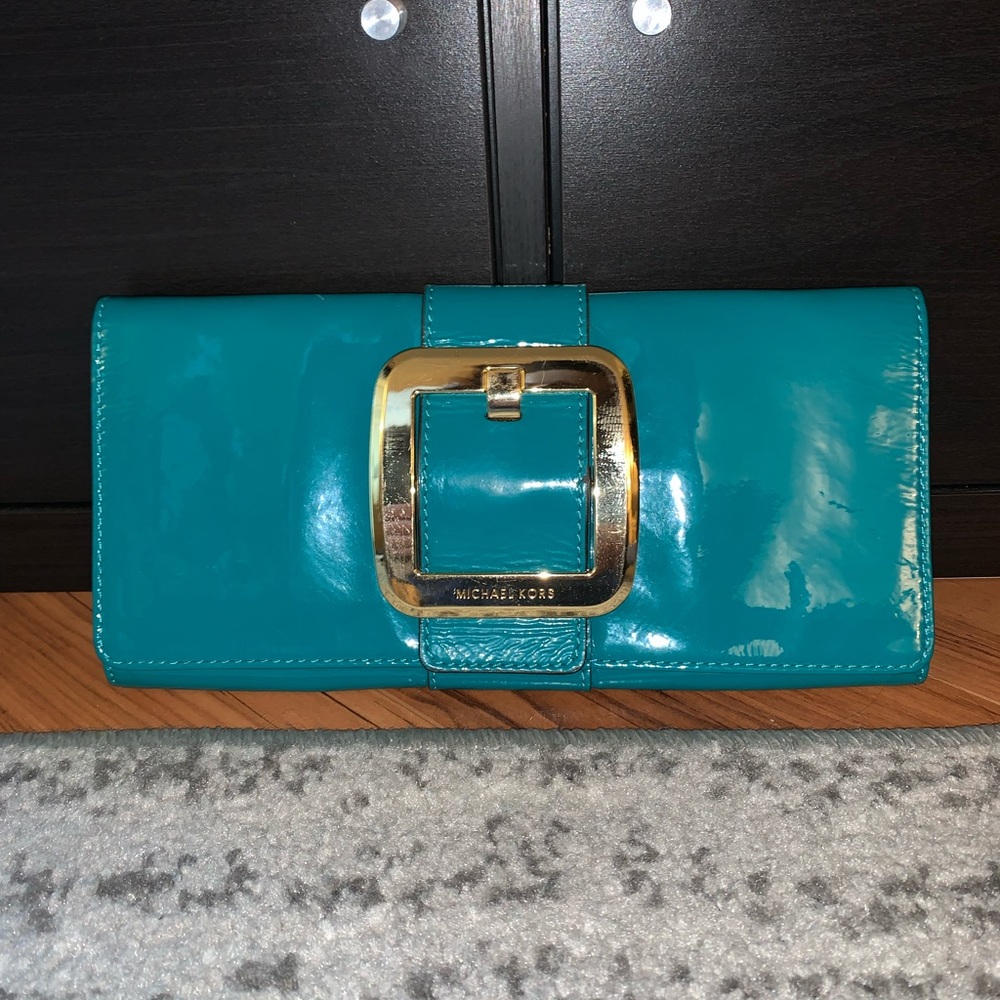 MICHAEL KORS Teal and Gold Patent Leather Buckle Clutch